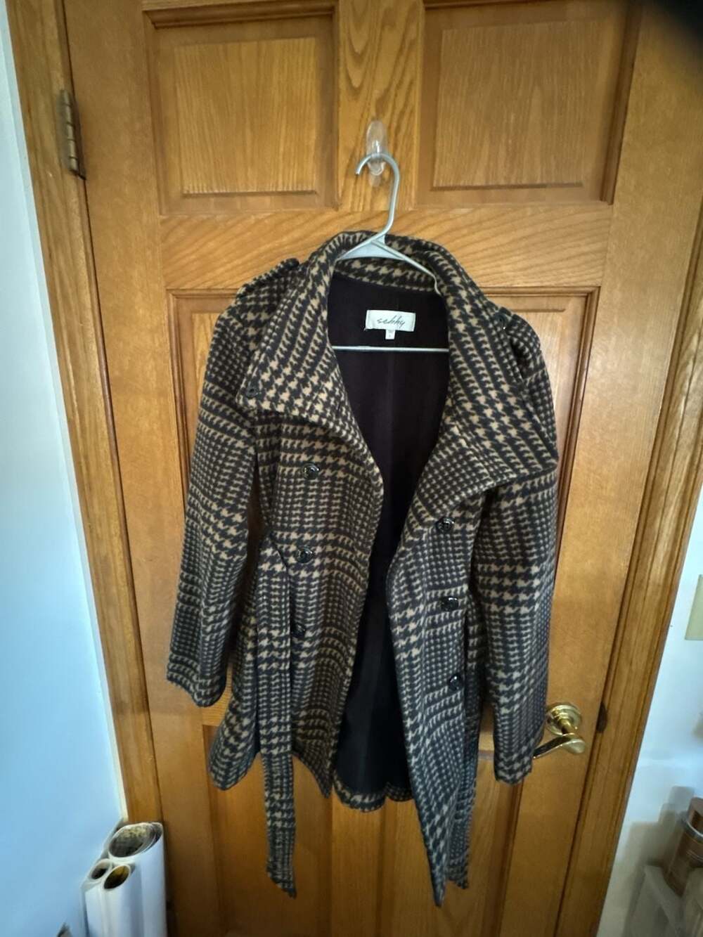 Sebby Women's Brown Houndstooth Double Breasted Belted Pea Coat Jacket Large